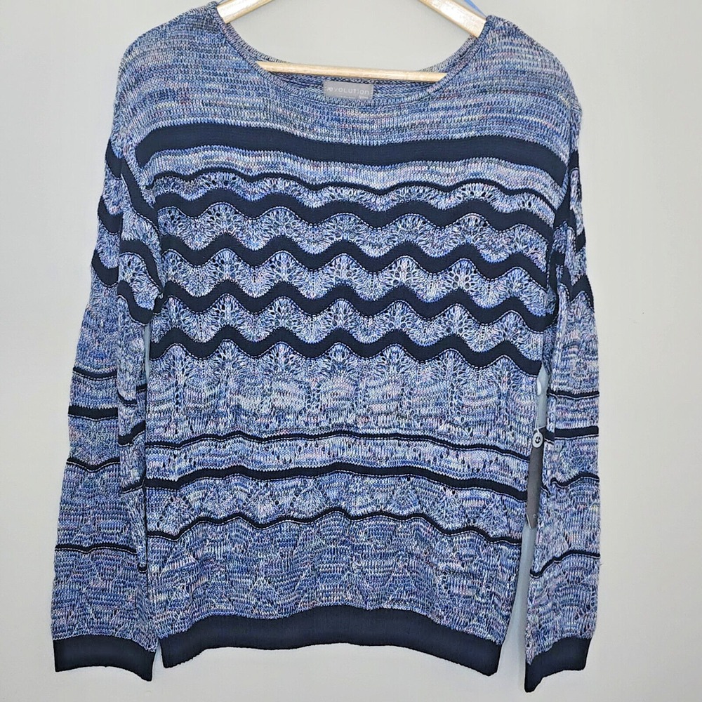 Evolution by Cyrus Sweater Blue Multi Chevron Wave Pointelle‎ Womens Size S